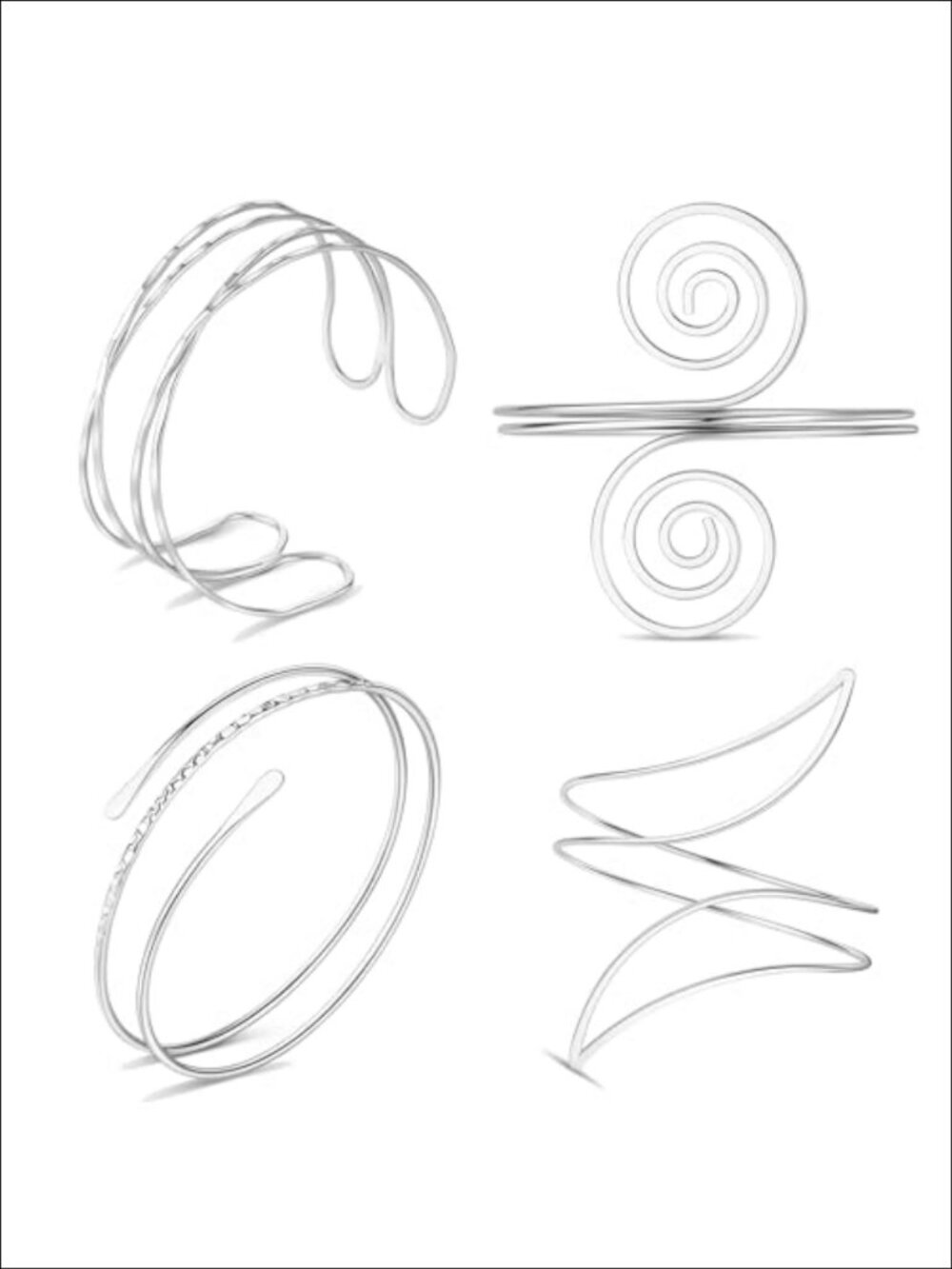 Adjustable Silver Alloy Arm Cuff Bracelets Set of 4 Polished